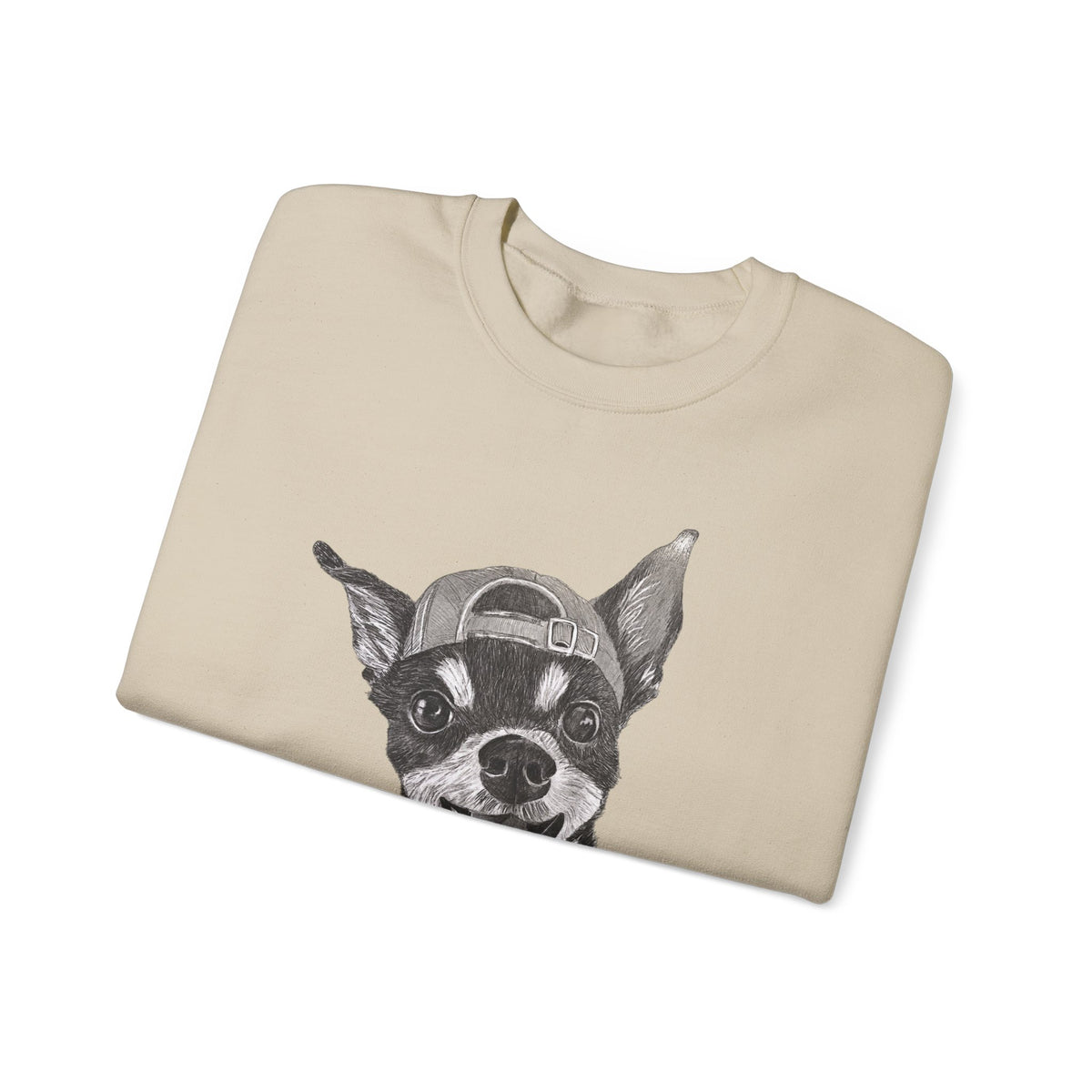 Fang Crewneck Sweatshirt — Retro Pup Graphic with Script Sleeve