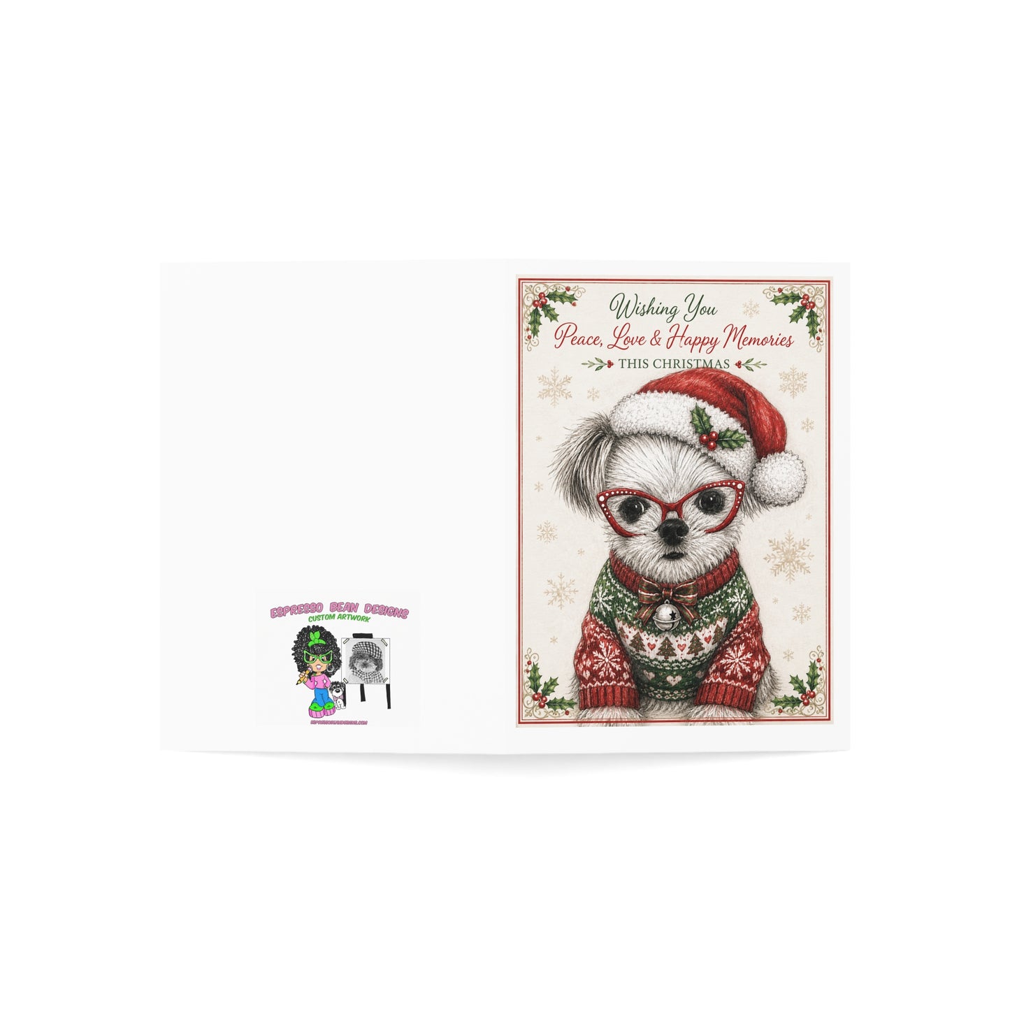 Christmas Puppy Holiday Greeting Cards — 'Wishing You Peace, Love & Happy Memories' (1/10/30/50pcs)