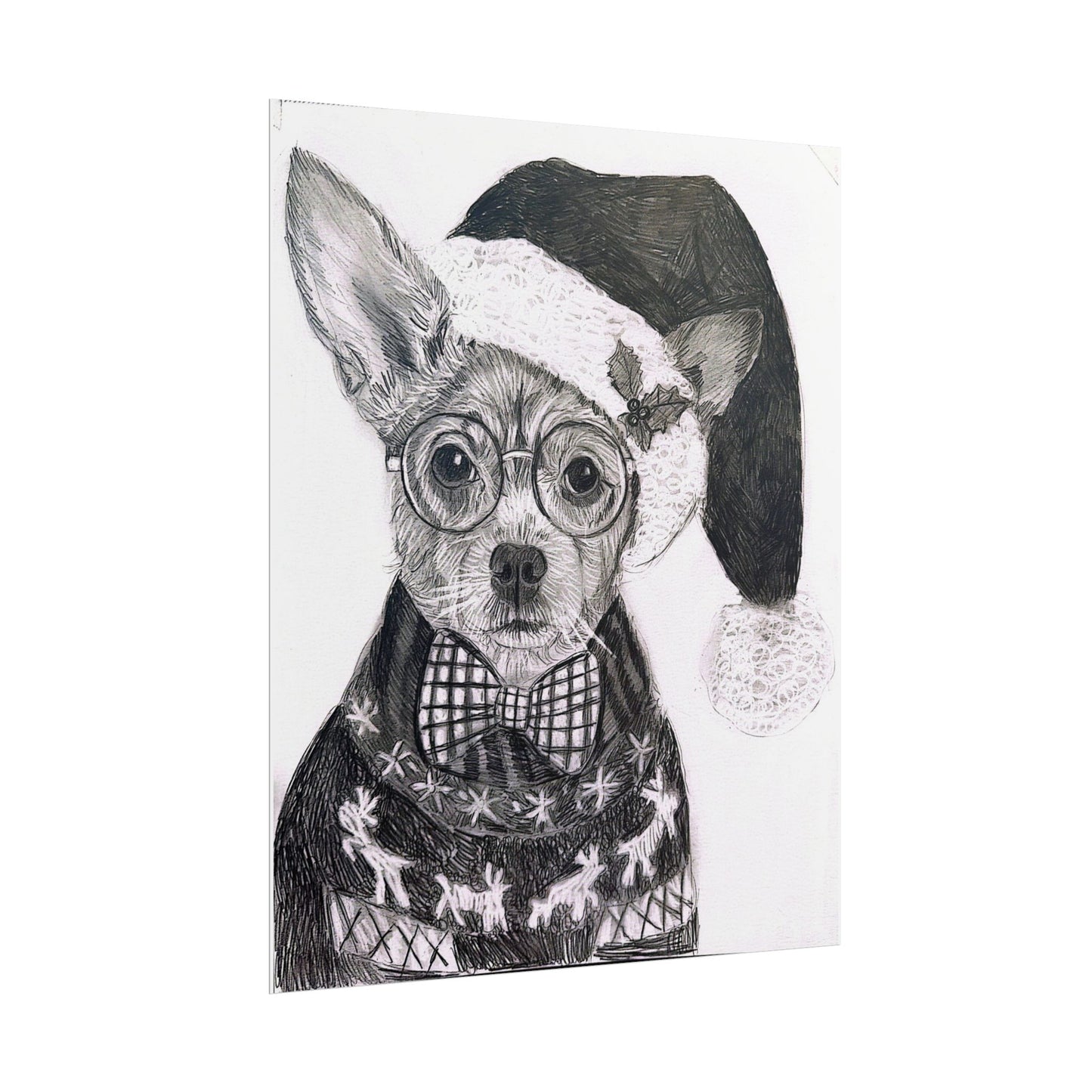 Brutus in Santa Hat Rolled Poster — Holiday Dog Art Print