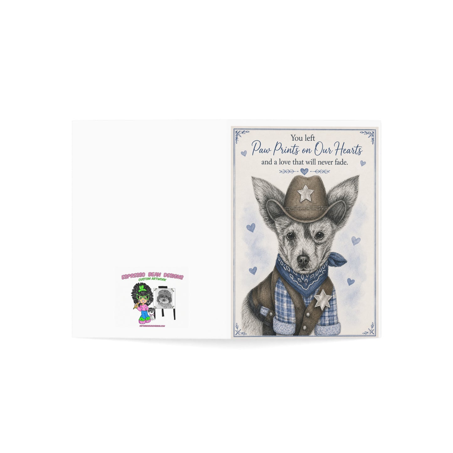 Pet Sympathy Greeting Card — “You Left Paw Prints on Our Hearts” Memorial Card (Single or Bulk)