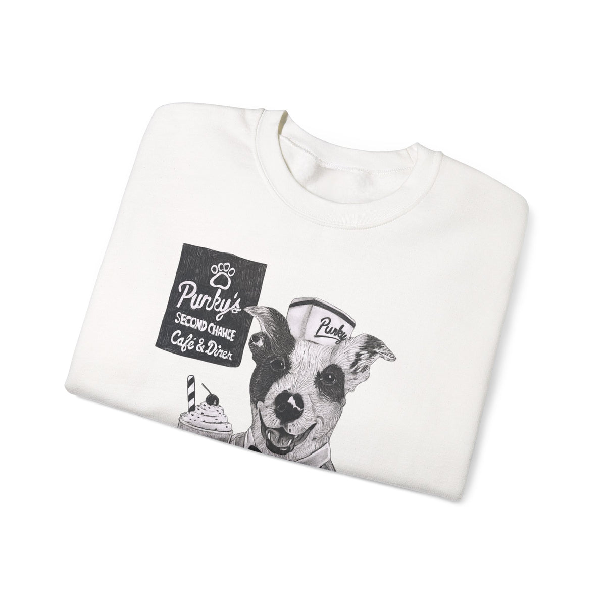 Dog Crewneck Sweatshirt — 'Meet Punky' Rescue Cafe Graphic