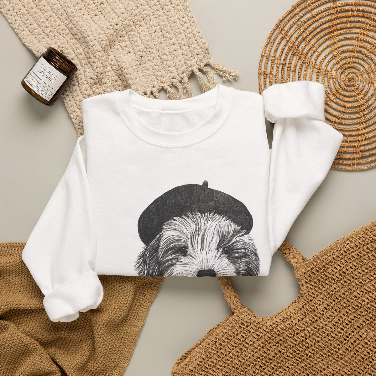 French Pup Pierre Coffee Sweatshirt — Cute Puppy in Beret Graphic Crewneck