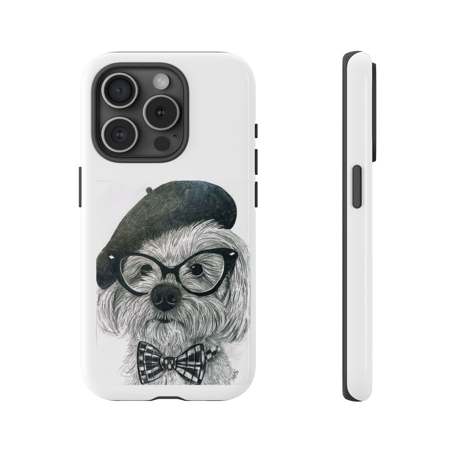 Dog Portrait Phone Case — Dexter with Beret, Glasses & Bow Tie