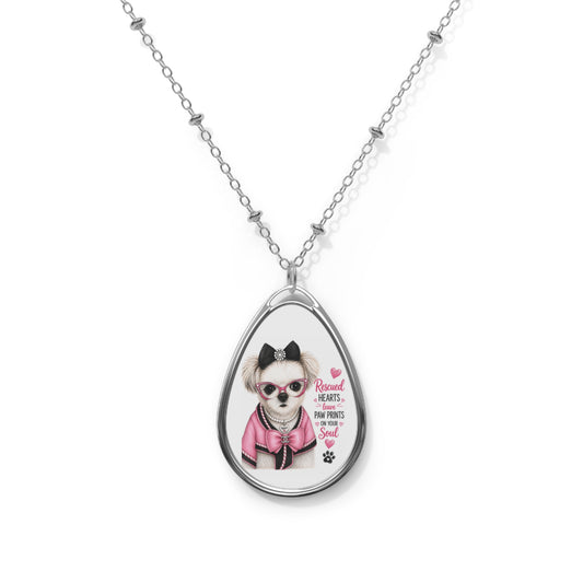 Oval Pendant Necklace - Cute Pink Dressed Dog "Rescue the Love" Engraved Jewelry Gift