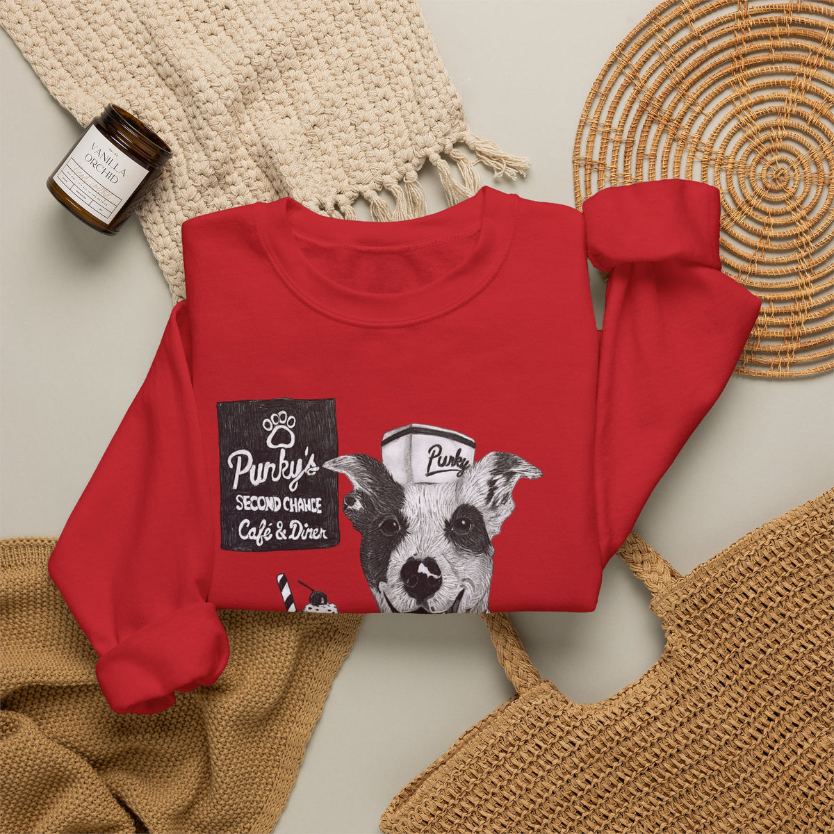 Dog Crewneck Sweatshirt — 'Meet Punky' Rescue Cafe Graphic