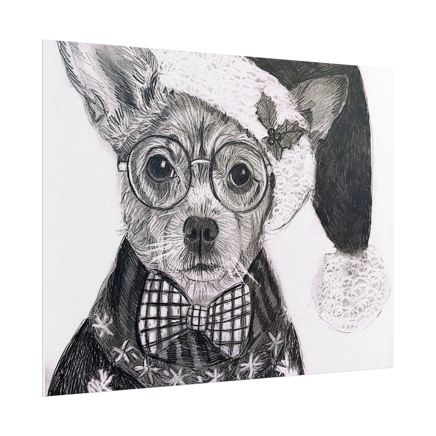 Brutus in Santa Hat Rolled Poster — Holiday Dog Art Print