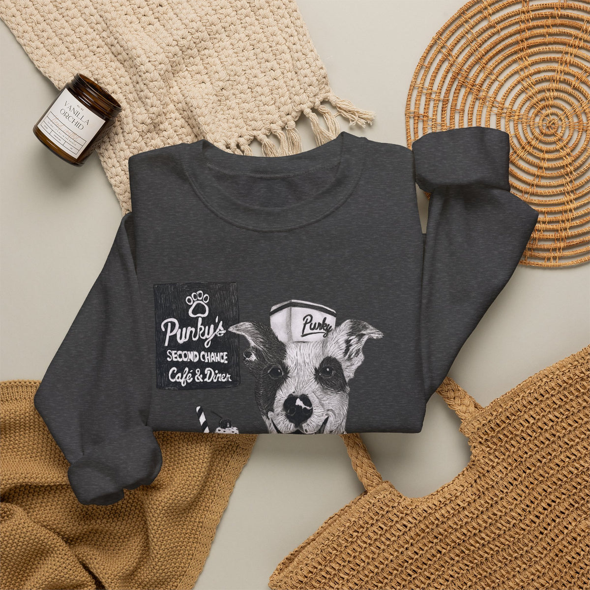 Dog Crewneck Sweatshirt — 'Meet Punky' Rescue Cafe Graphic
