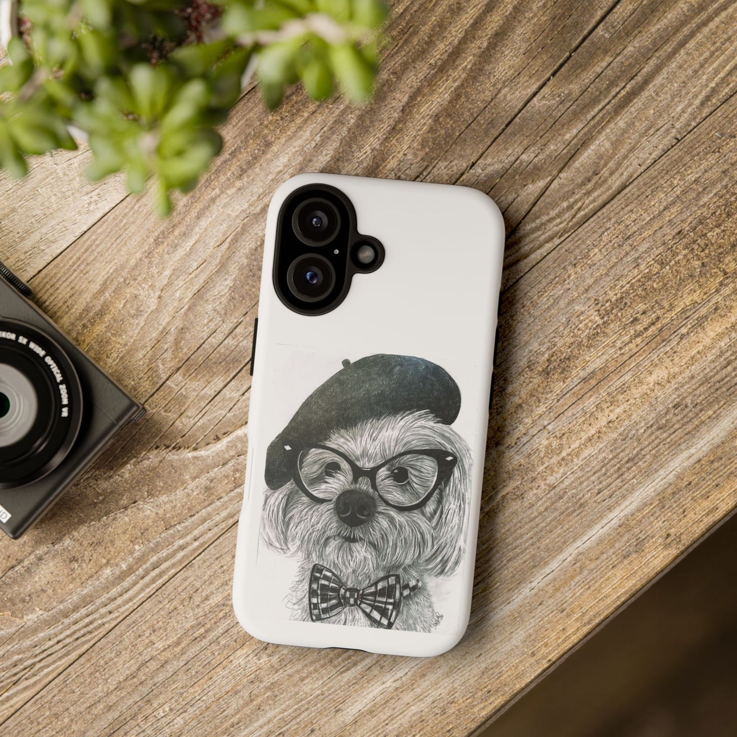 Dog Portrait Phone Case — Dexter with Beret, Glasses & Bow Tie