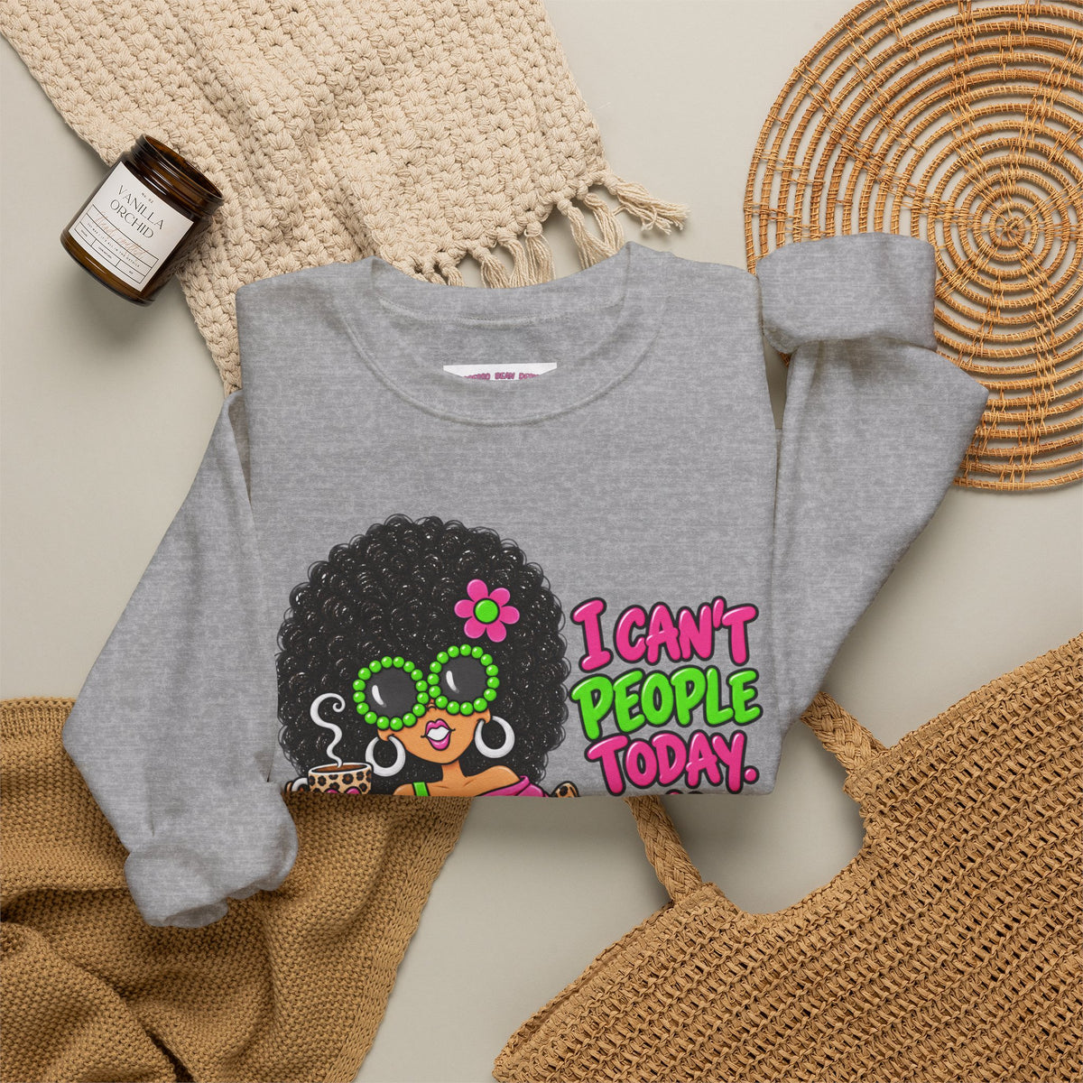 Crewneck Sweatshirt — Retro 'I Can't People Today' Girl & Leopard Graphic