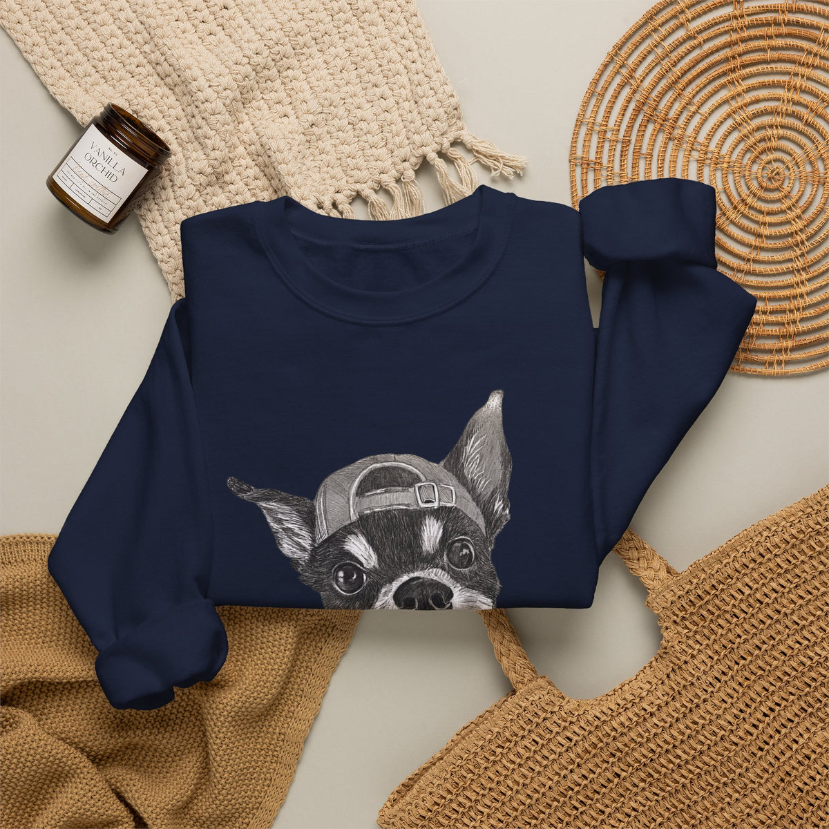 Fang Crewneck Sweatshirt — Retro Pup Graphic with Script Sleeve
