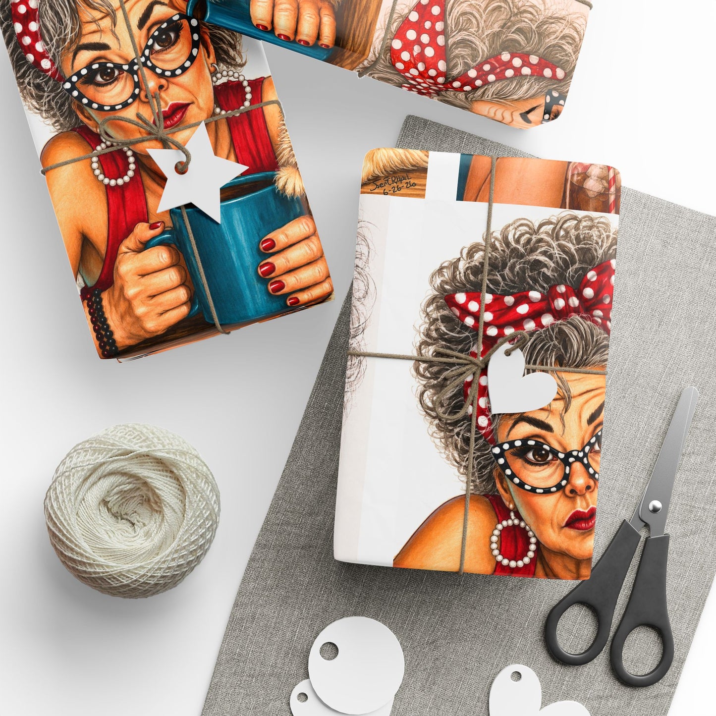 Wrapping Paper Perky Pearl and Latte — Retro Glam Portrait Pattern Gift Wrap
