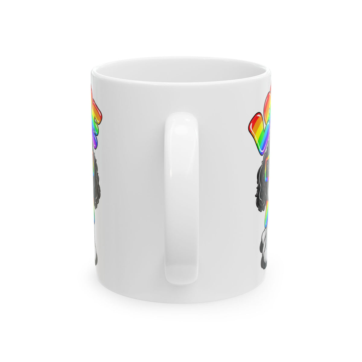Elmer Ceramic Mug — Rainbow 'Love' Design with Black Dog Illustration (11oz, 15oz)