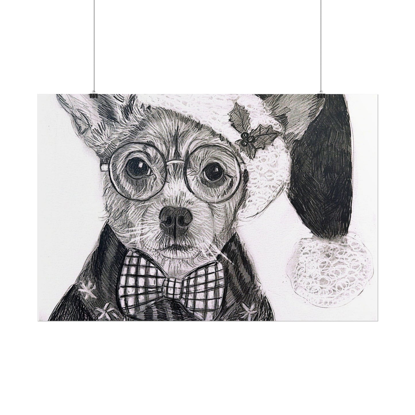Brutus in Santa Hat Rolled Poster — Holiday Dog Art Print