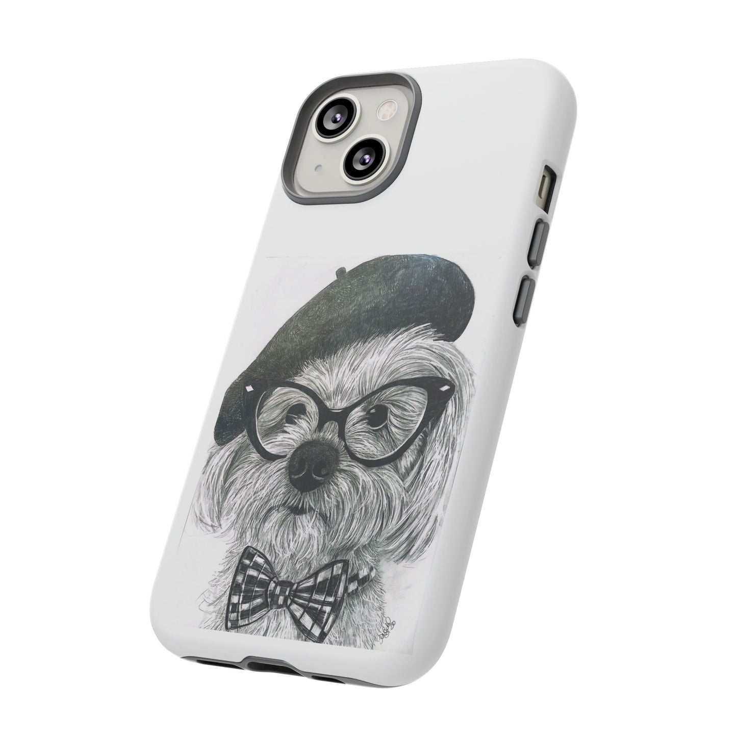 Dog Portrait Phone Case — Dexter with Beret, Glasses & Bow Tie