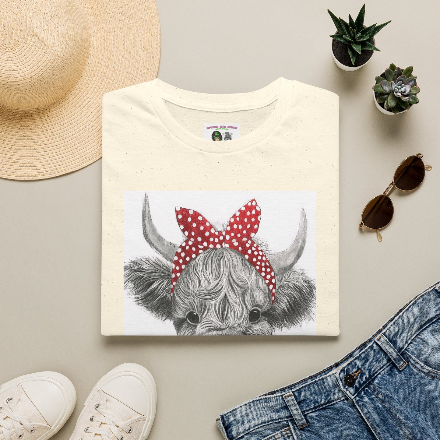 Highland Cow T-Shirt — Cute Cow Face with Red Polka Dot Bandana