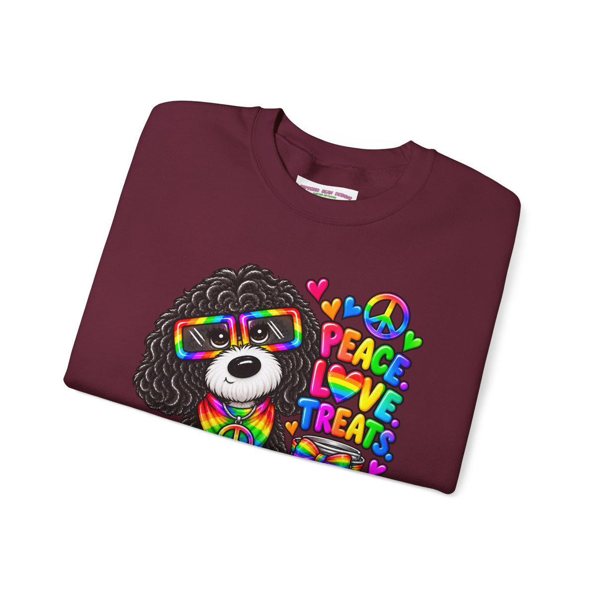 Peace, Love & Treats Dog Sweatshirt — Retro Hippie Puppy Crewneck