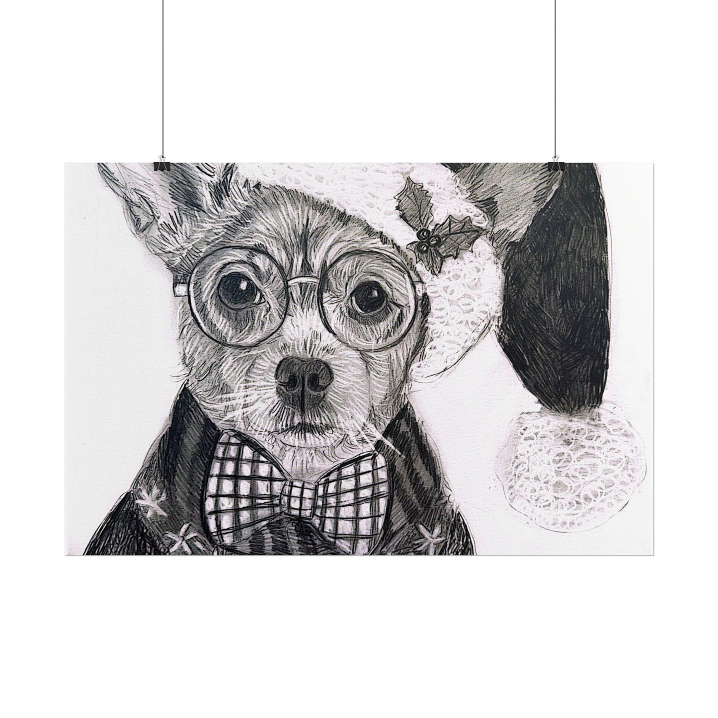 Brutus in Santa Hat Rolled Poster — Holiday Dog Art Print