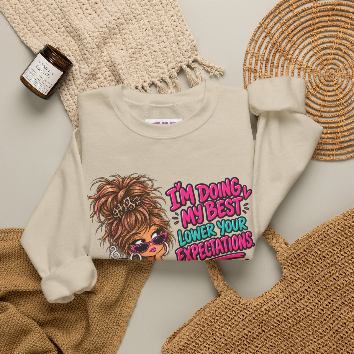 I'm Doing My Best Crewneck Sweatshirt — Cute Girl & Puppy Graphic