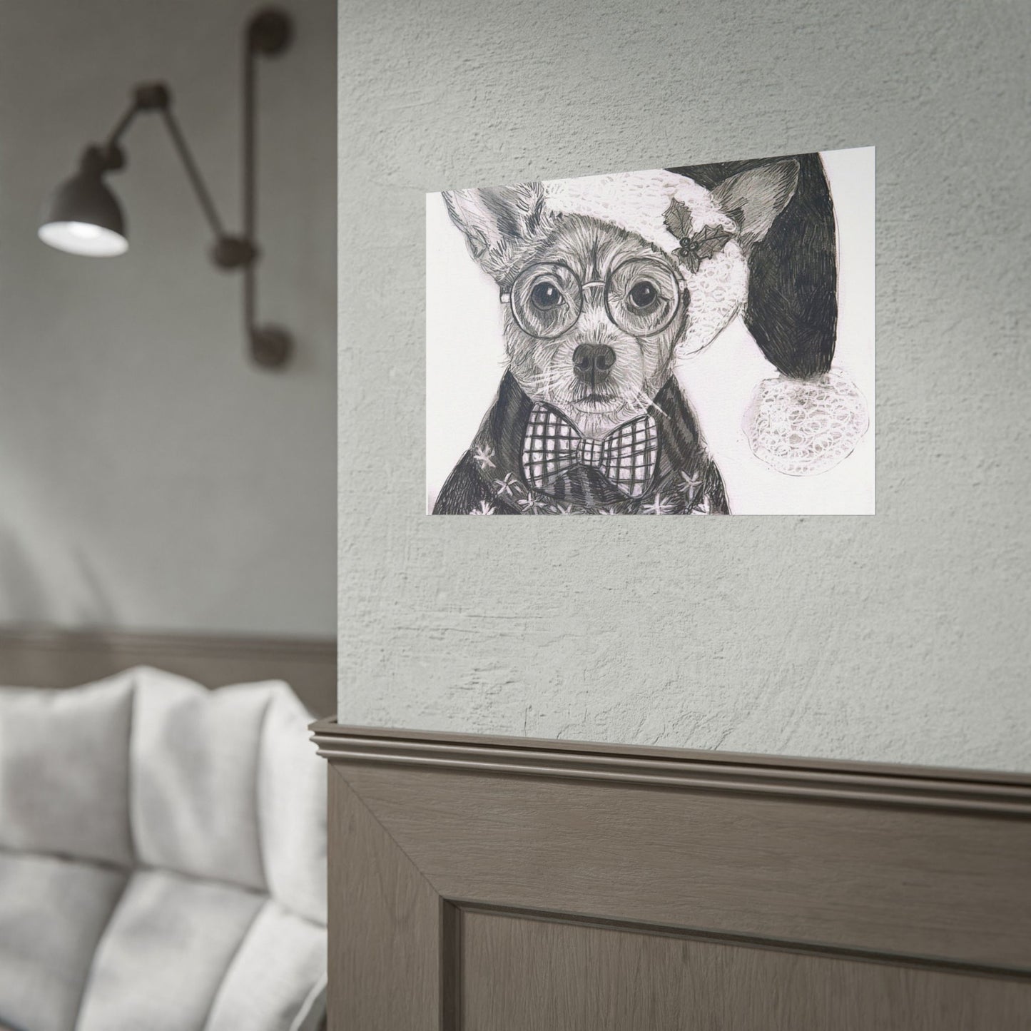 Brutus in Santa Hat Rolled Poster — Holiday Dog Art Print