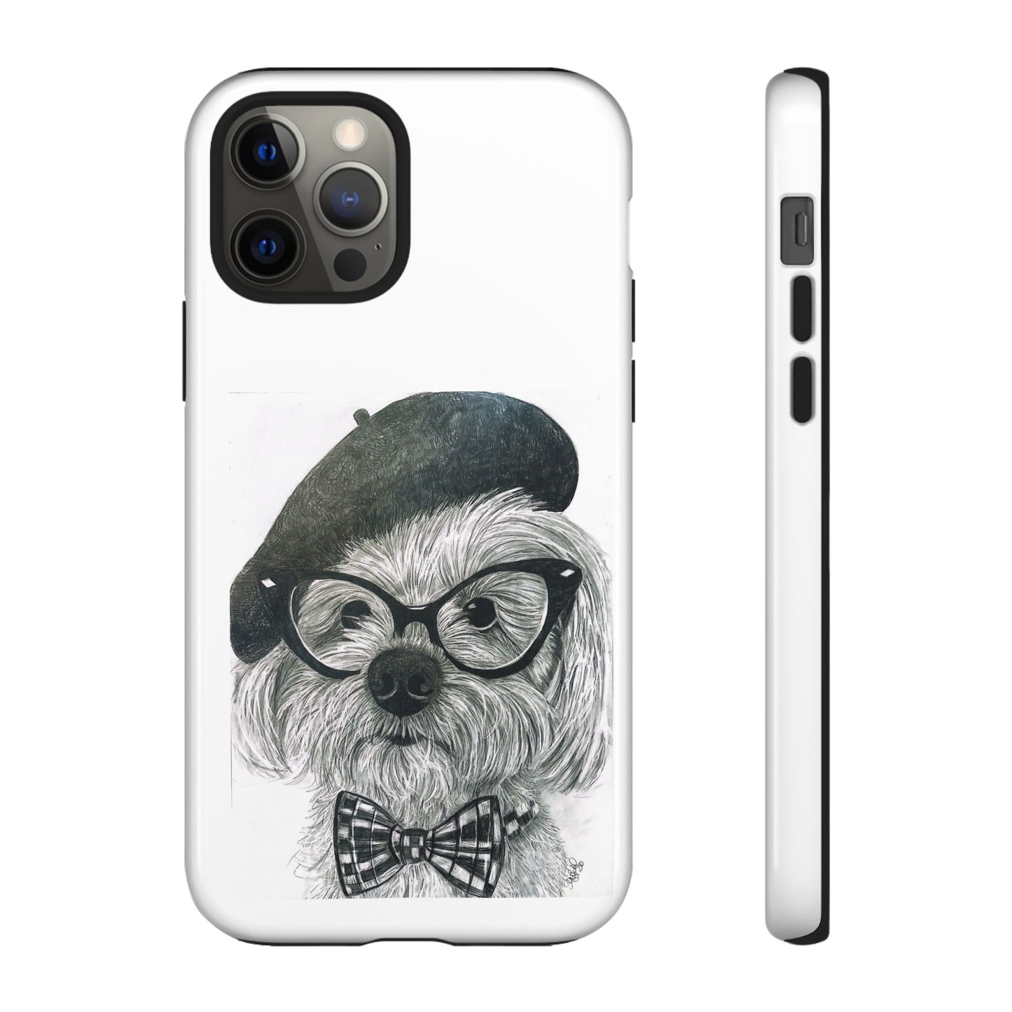 Dog Portrait Phone Case — Dexter with Beret, Glasses & Bow Tie