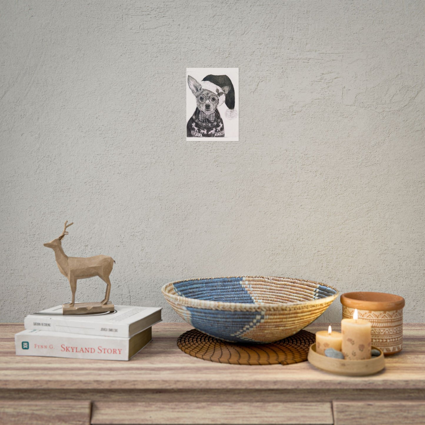 Brutus in Santa Hat Rolled Poster — Holiday Dog Art Print