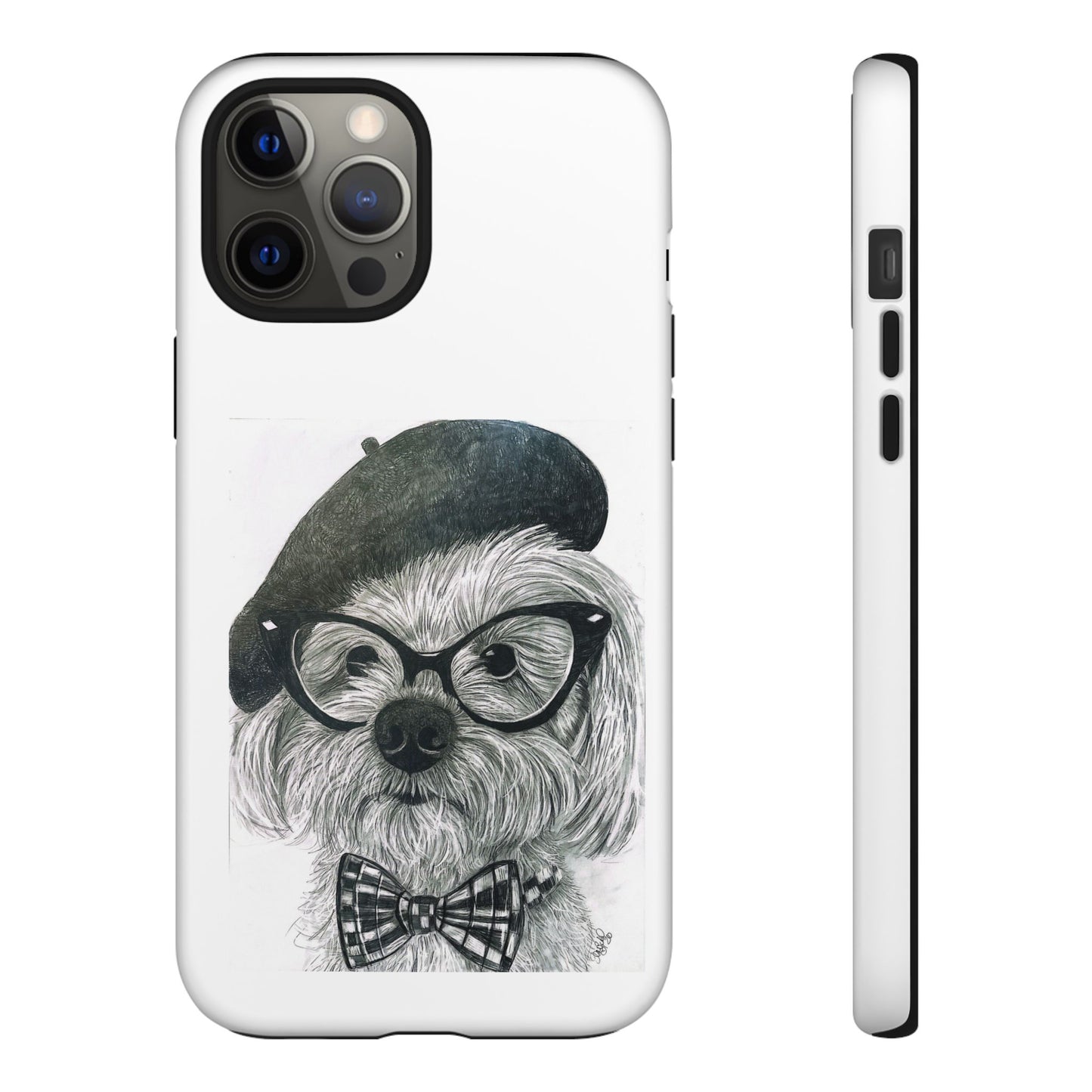 Dog Portrait Phone Case — Dexter with Beret, Glasses & Bow Tie