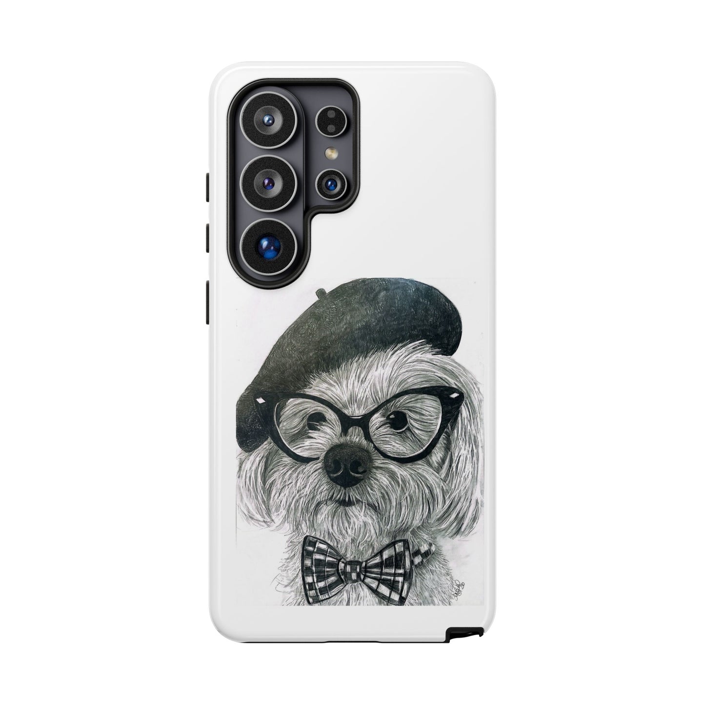 Dog Portrait Phone Case — Dexter with Beret, Glasses & Bow Tie