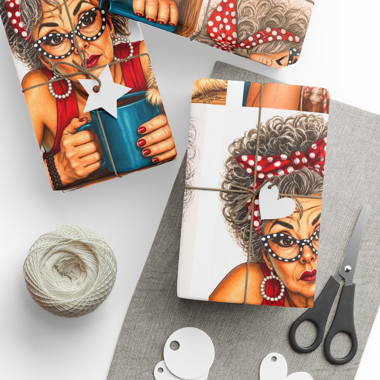Wrapping Paper Perky Pearl and Latte — Retro Glam Portrait Pattern Gift Wrap