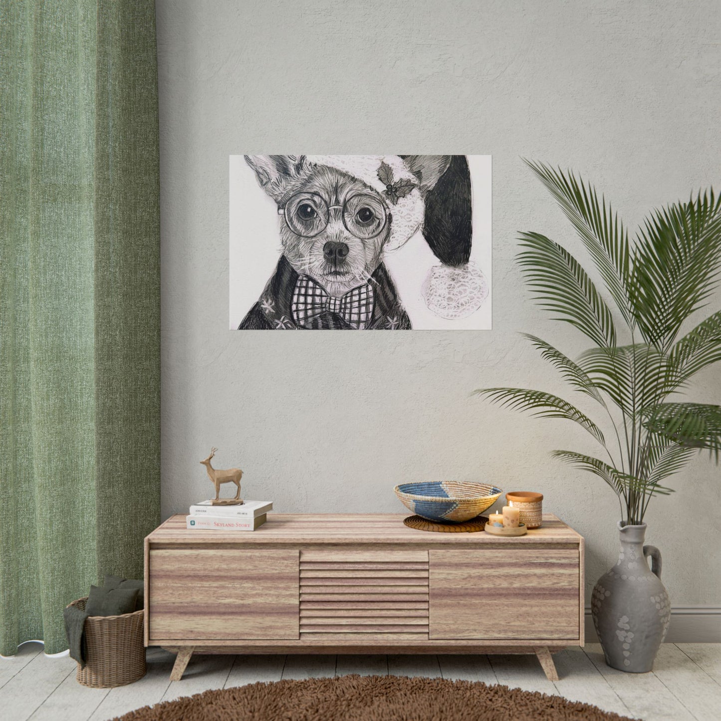 Brutus in Santa Hat Rolled Poster — Holiday Dog Art Print