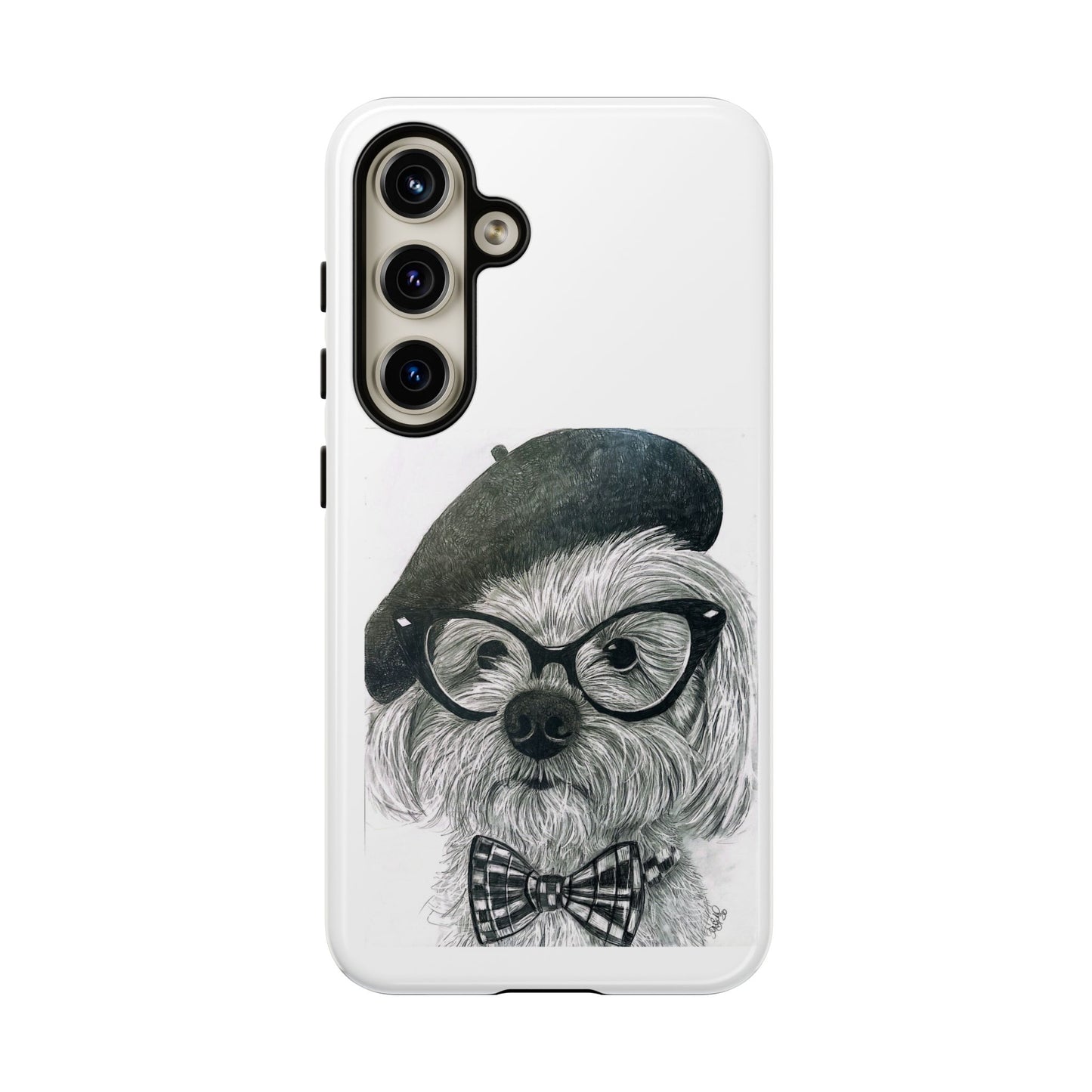 Dog Portrait Phone Case — Dexter with Beret, Glasses & Bow Tie