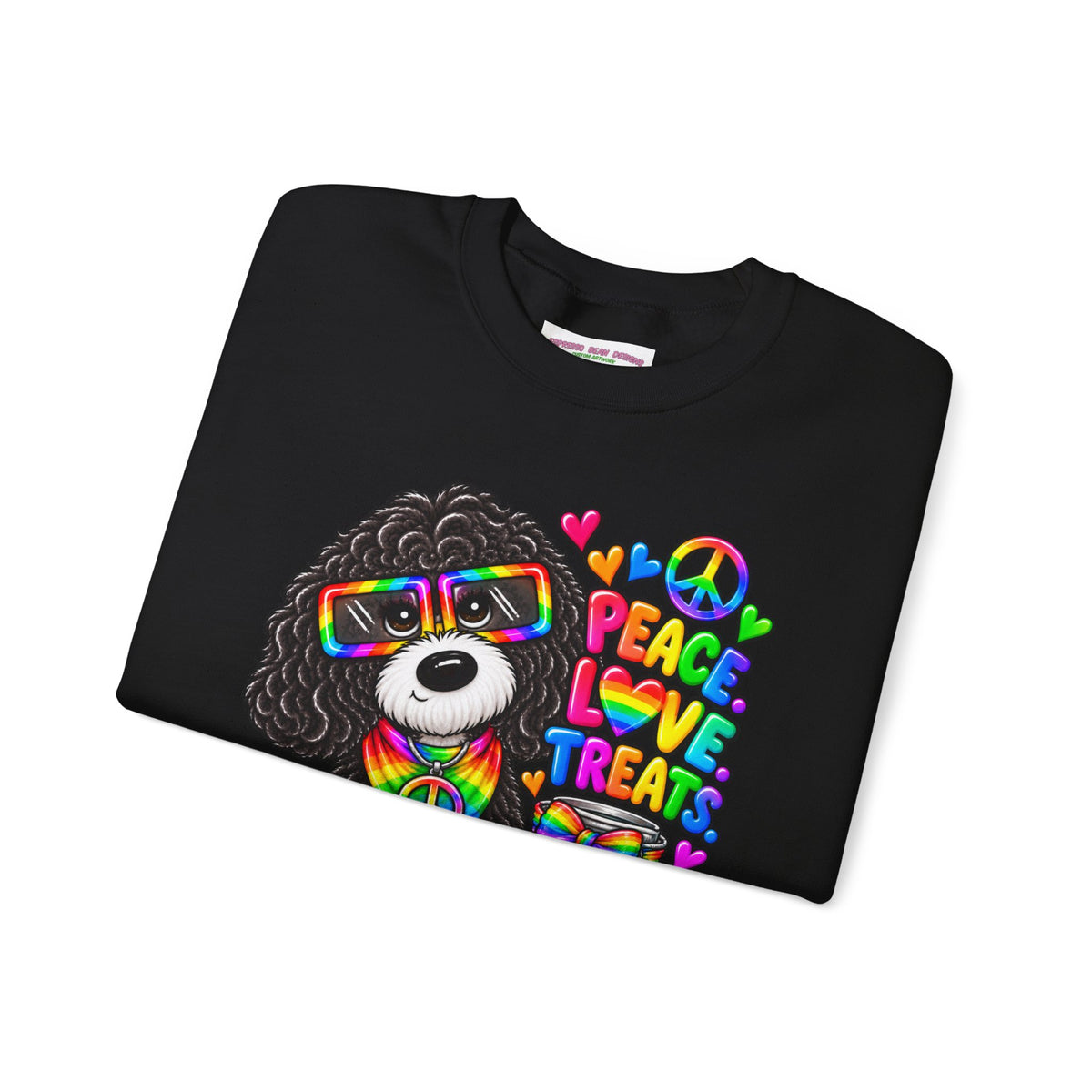 Peace, Love & Treats Dog Sweatshirt — Retro Hippie Puppy Crewneck