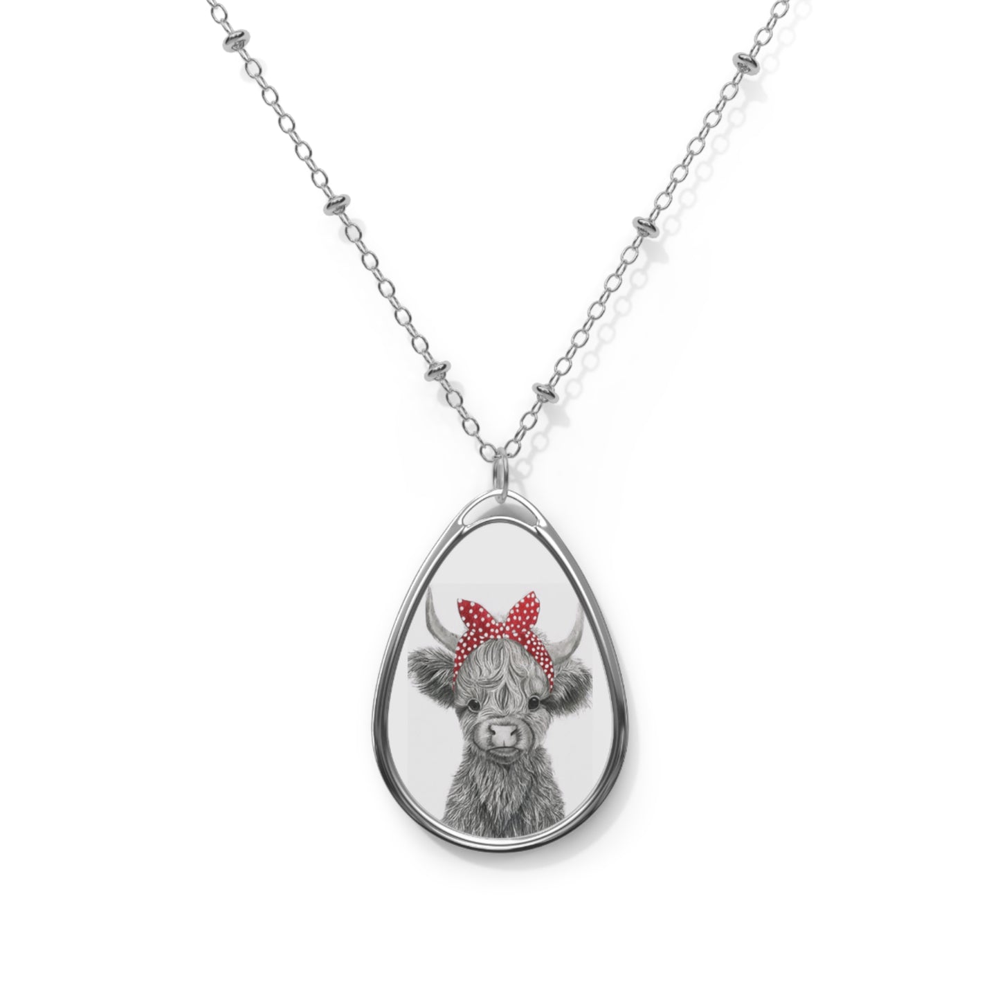 Cow Portrait Oval Necklace — Cute Highland Cow Pendant with Red Polka Dot Bow
