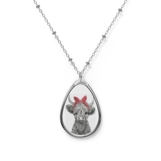 Cow Portrait Oval Necklace — Cute Highland Cow Pendant with Red Polka Dot Bow