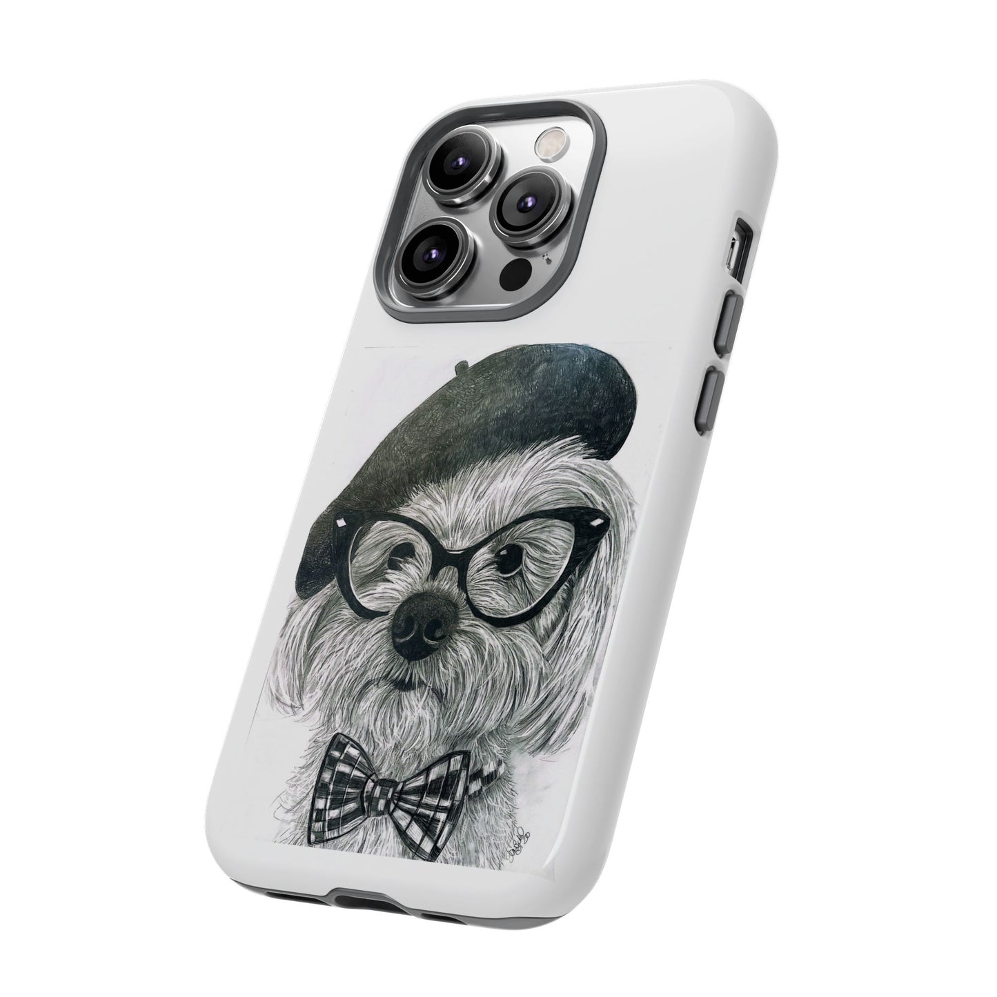 Dog Portrait Phone Case — Dexter with Beret, Glasses & Bow Tie