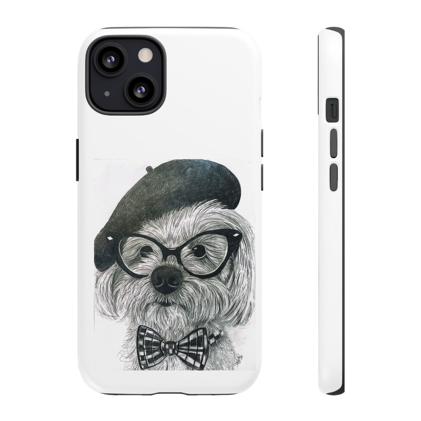Dog Portrait Phone Case — Dexter with Beret, Glasses & Bow Tie