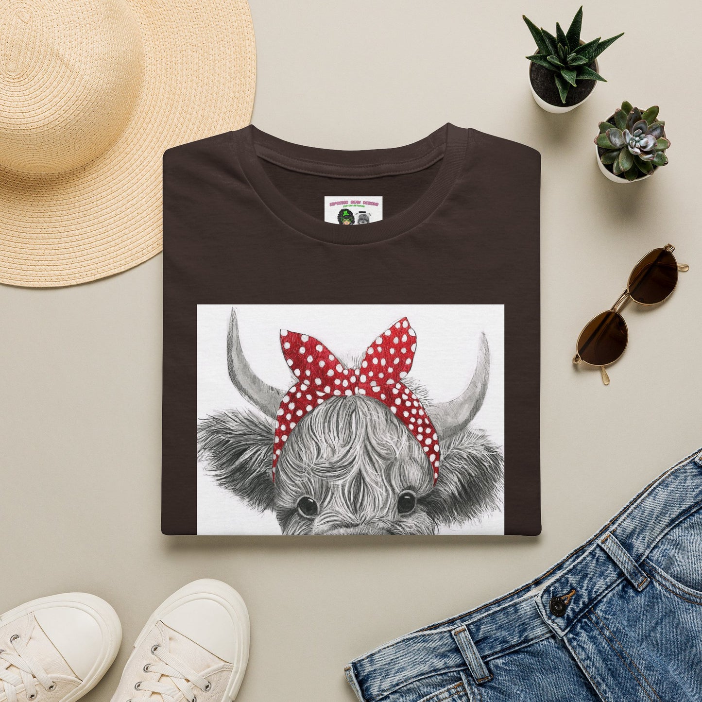 Highland Cow T-Shirt — Cute Cow Face with Red Polka Dot Bandana