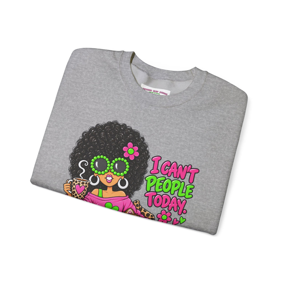Crewneck Sweatshirt — Retro 'I Can't People Today' Girl & Leopard Graphic