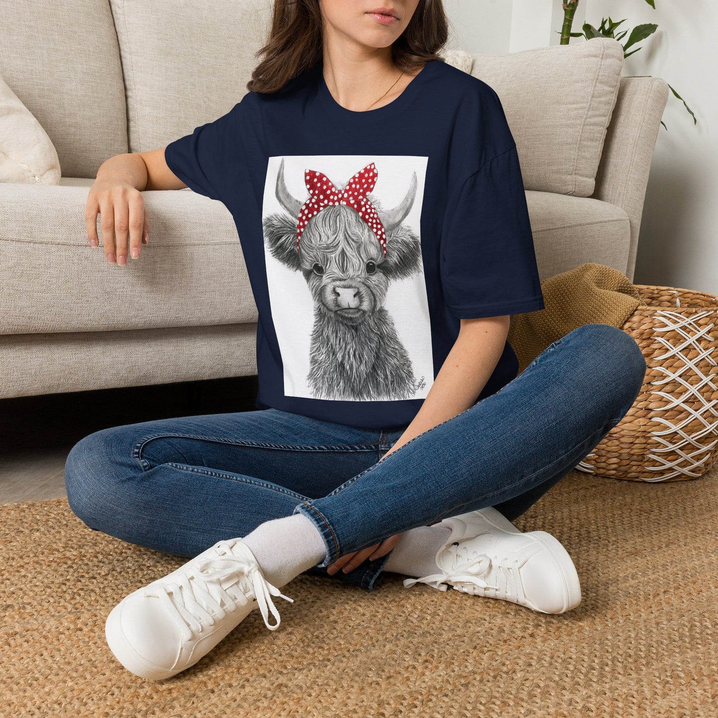 Highland Cow T-Shirt — Cute Cow Face with Red Polka Dot Bandana