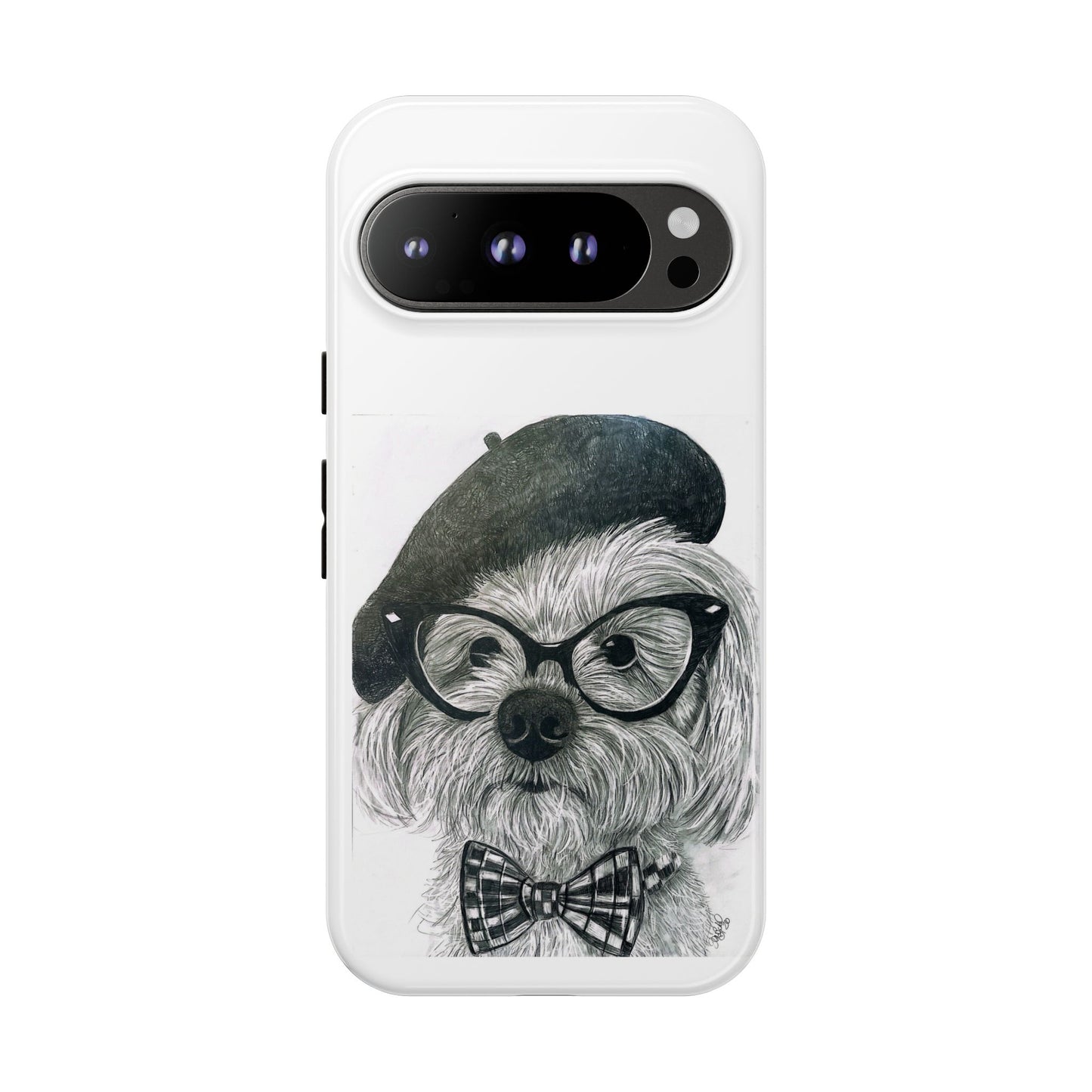 Dog Portrait Phone Case — Dexter with Beret, Glasses & Bow Tie