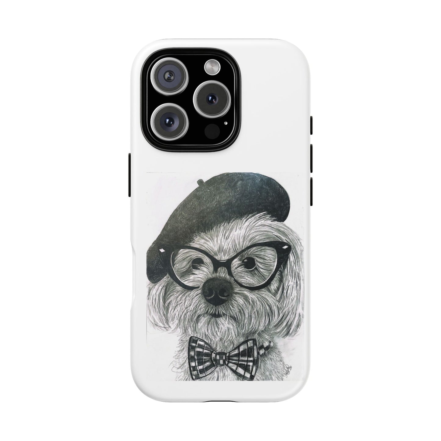 Dog Portrait Phone Case — Dexter with Beret, Glasses & Bow Tie