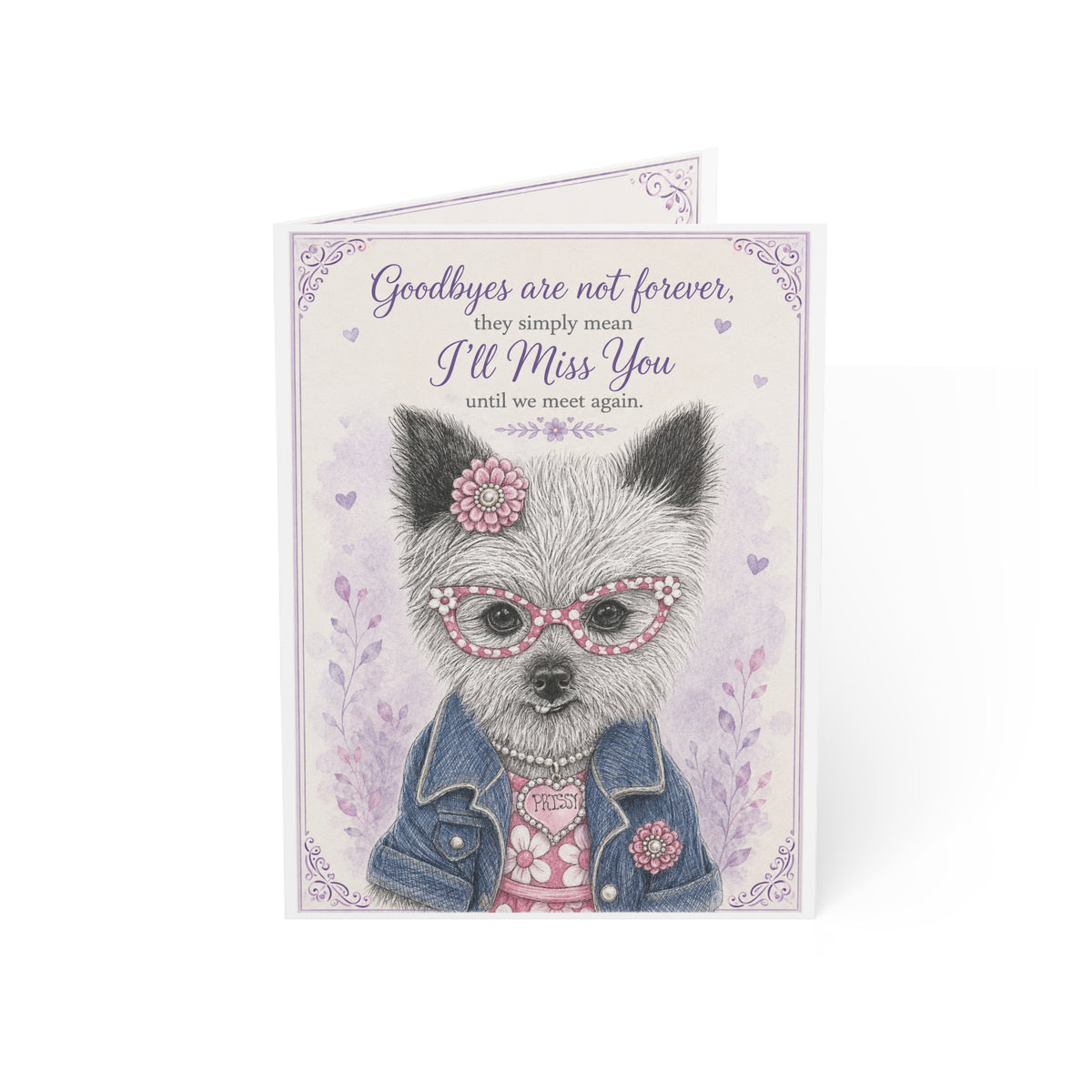 Pet Sympathy Greeting Card — "Goodbyes Are Not Forever, I'll Miss You" Cute Dressed-Up Dog Design (Pack of 1, 10, 30, 50)