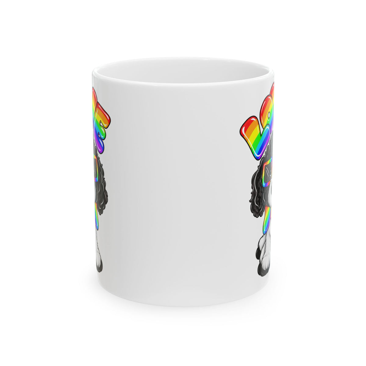 Elmer Ceramic Mug — Rainbow 'Love' Design with Black Dog Illustration (11oz, 15oz)
