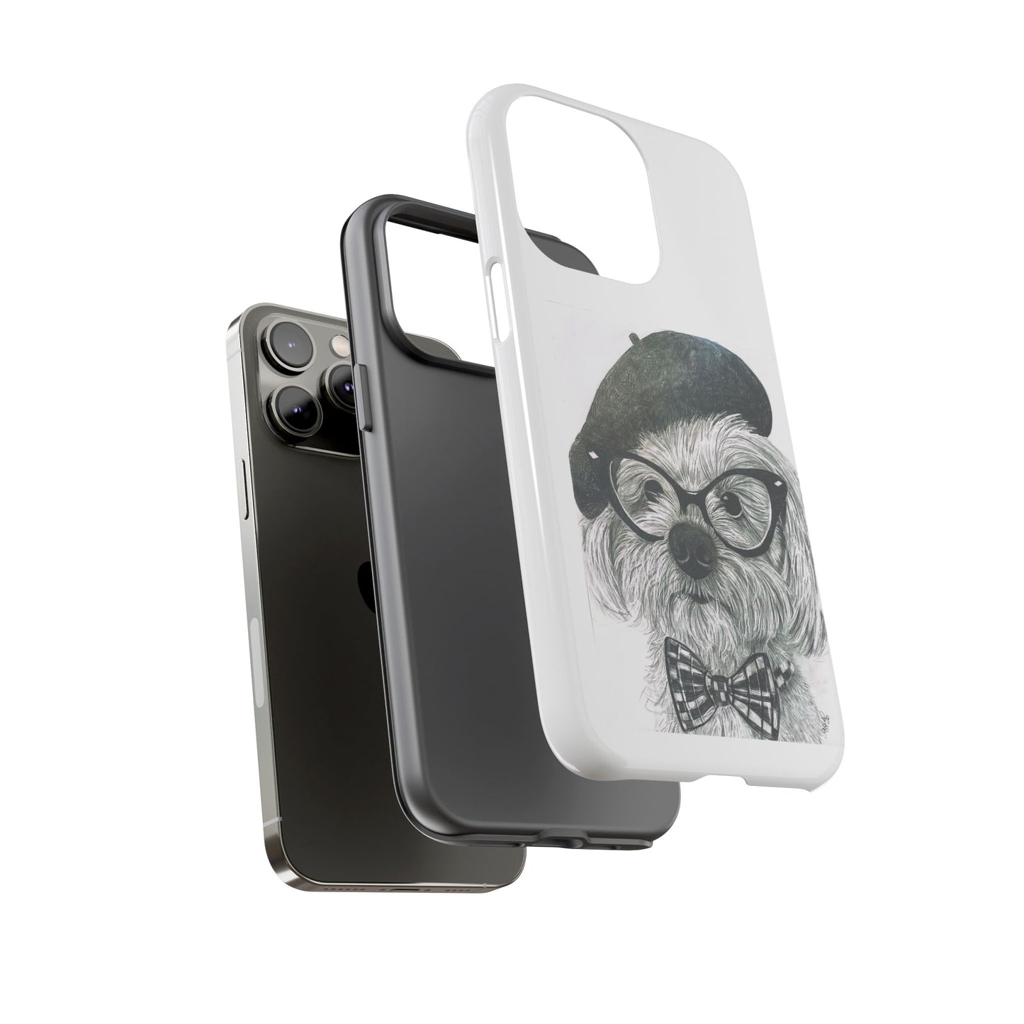 Dog Portrait Phone Case — Dexter with Beret, Glasses & Bow Tie