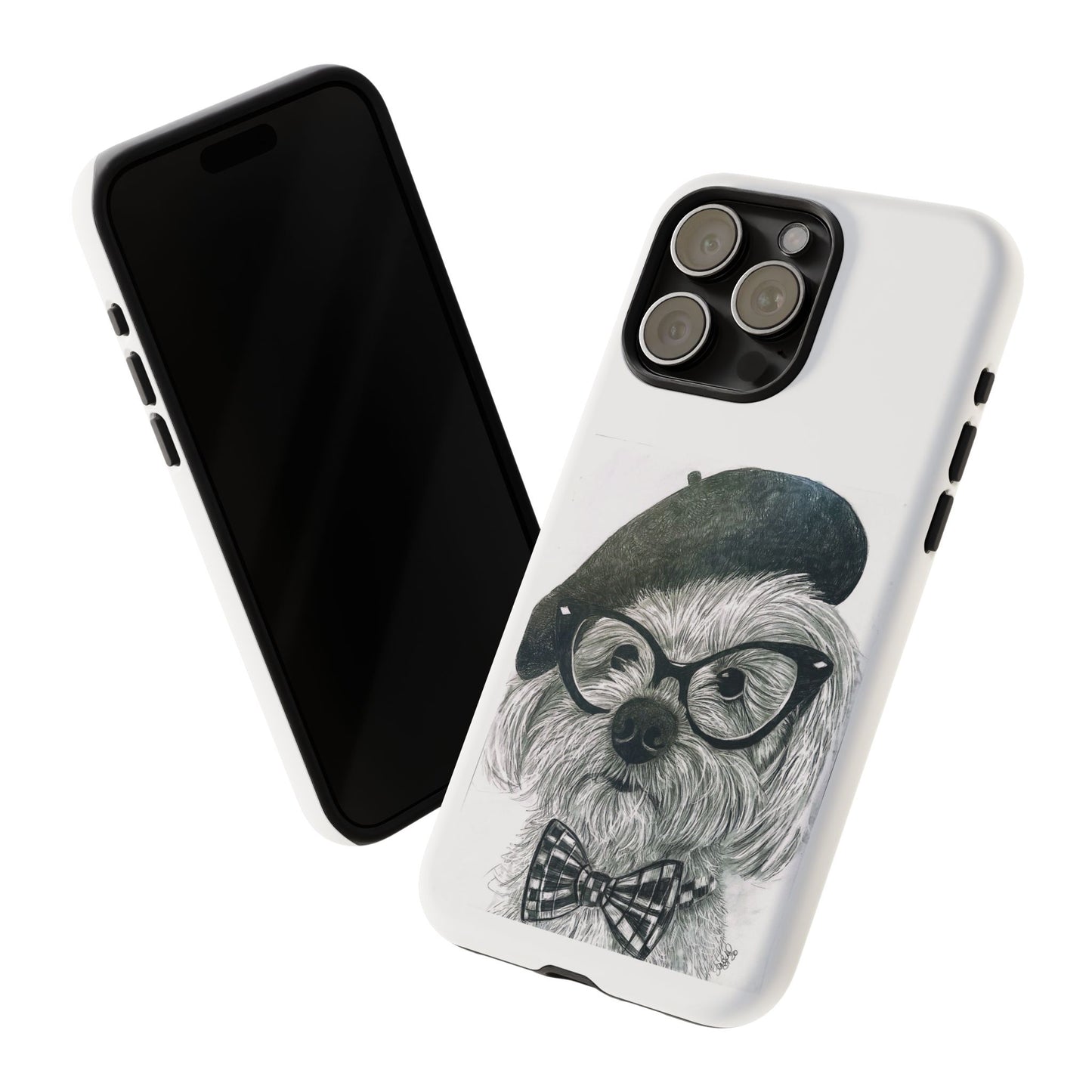 Dog Portrait Phone Case — Dexter with Beret, Glasses & Bow Tie