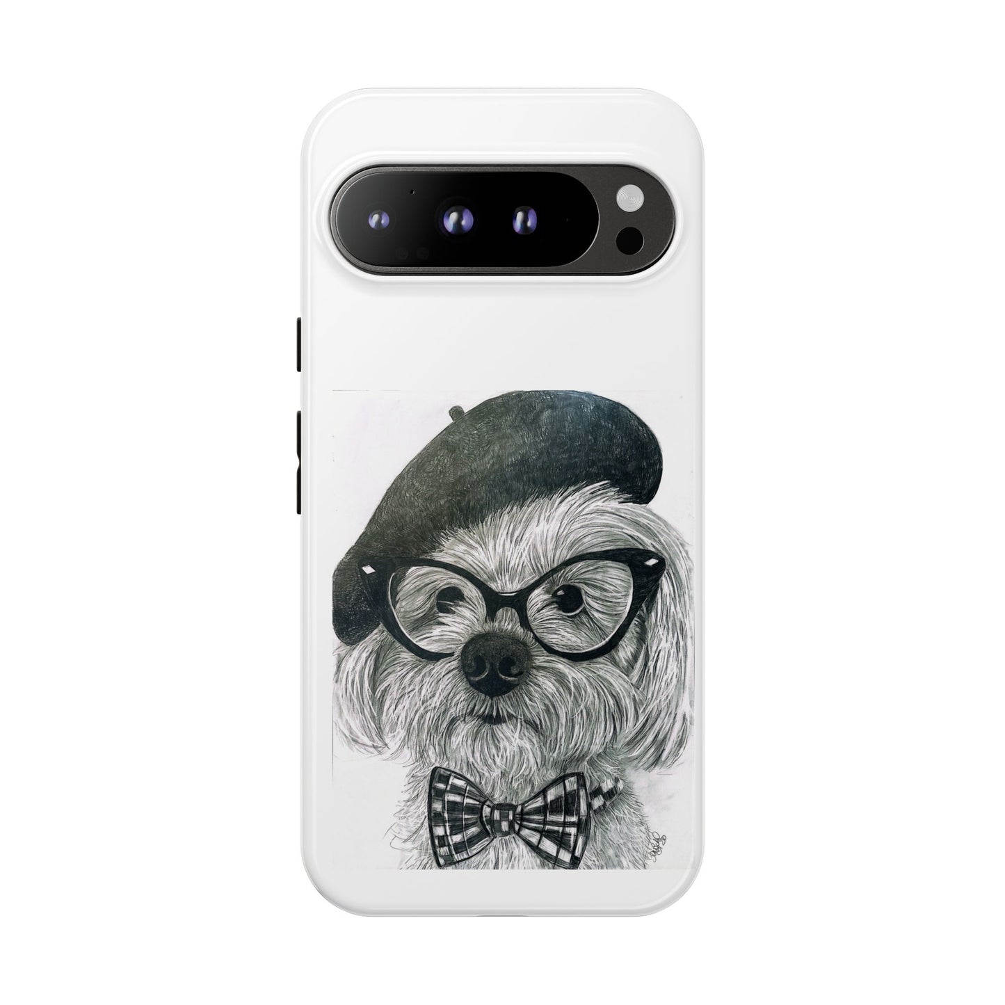Dog Portrait Phone Case — Dexter with Beret, Glasses & Bow Tie