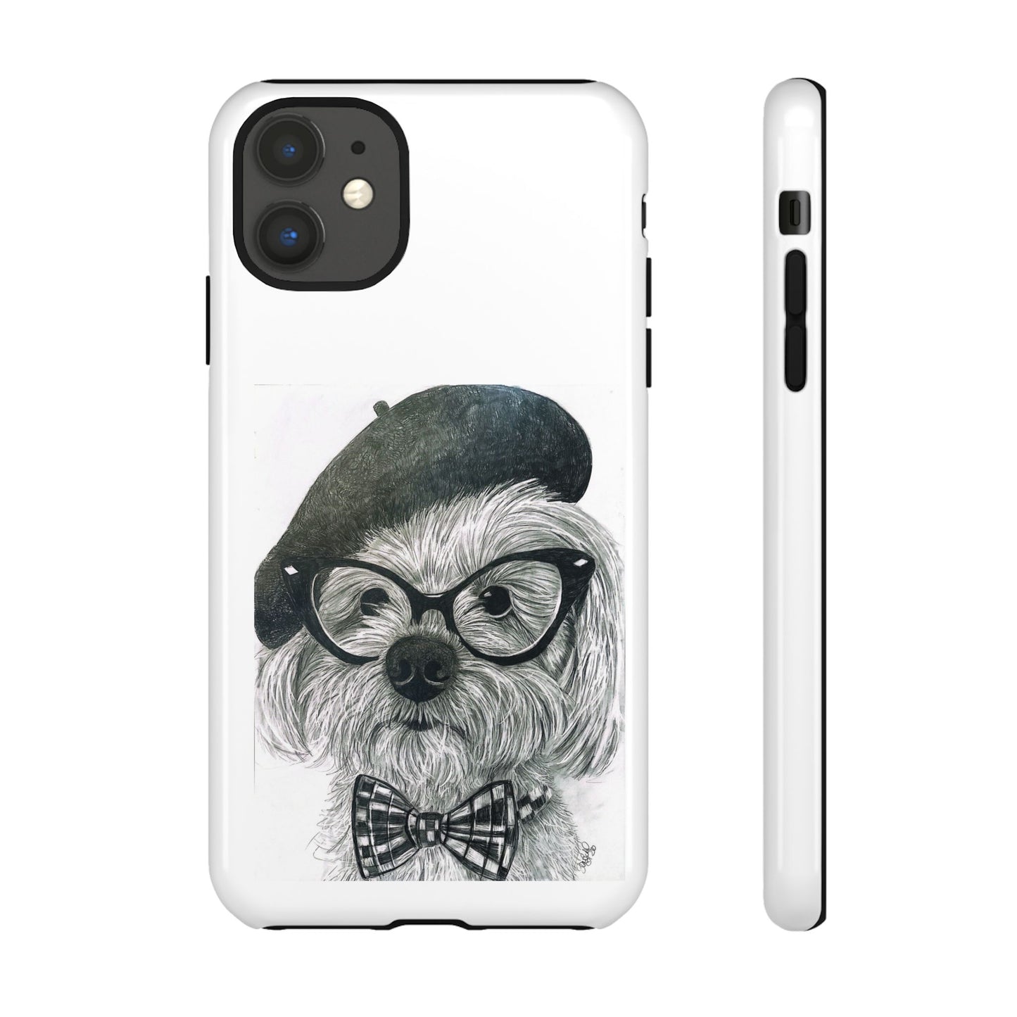 Dog Portrait Phone Case — Dexter with Beret, Glasses & Bow Tie