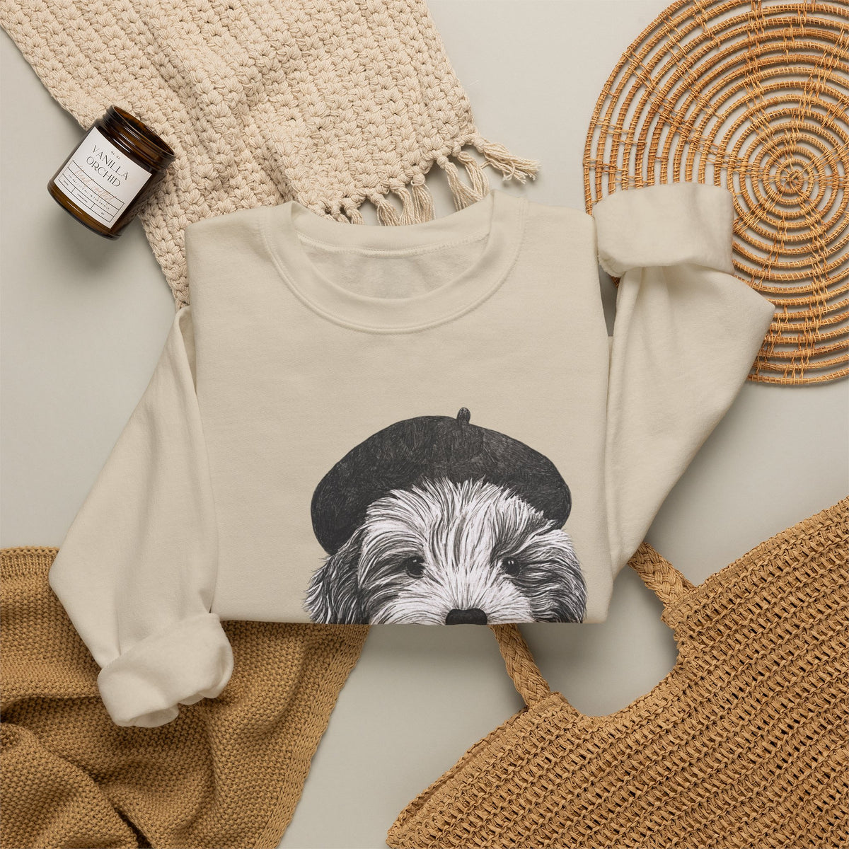 French Pup Pierre Coffee Sweatshirt — Cute Puppy in Beret Graphic Crewneck