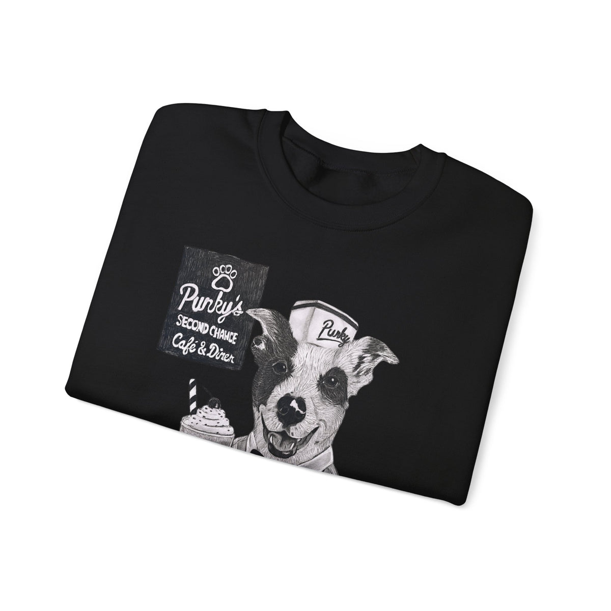 Dog Crewneck Sweatshirt — 'Meet Punky' Rescue Cafe Graphic