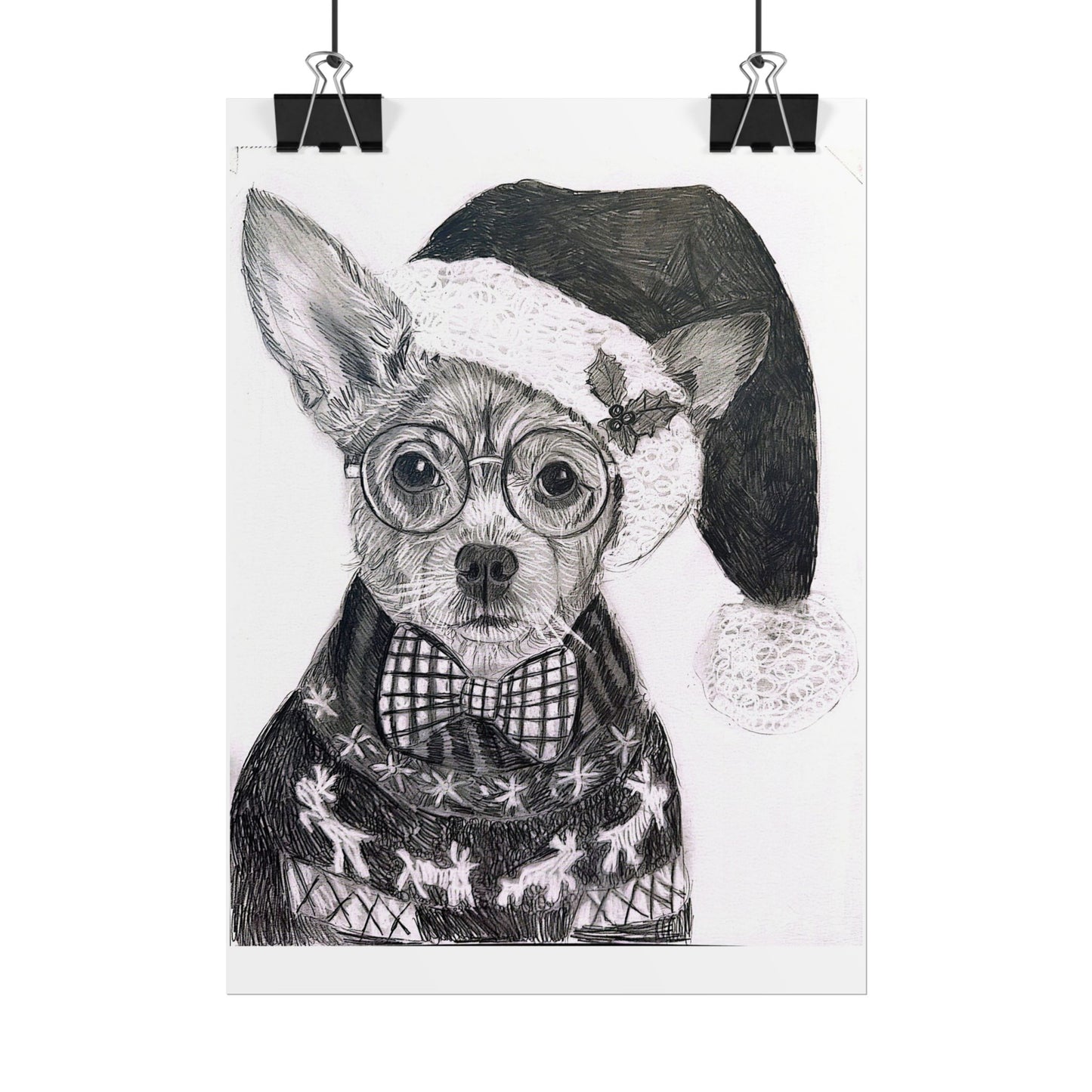 Brutus in Santa Hat Rolled Poster — Holiday Dog Art Print
