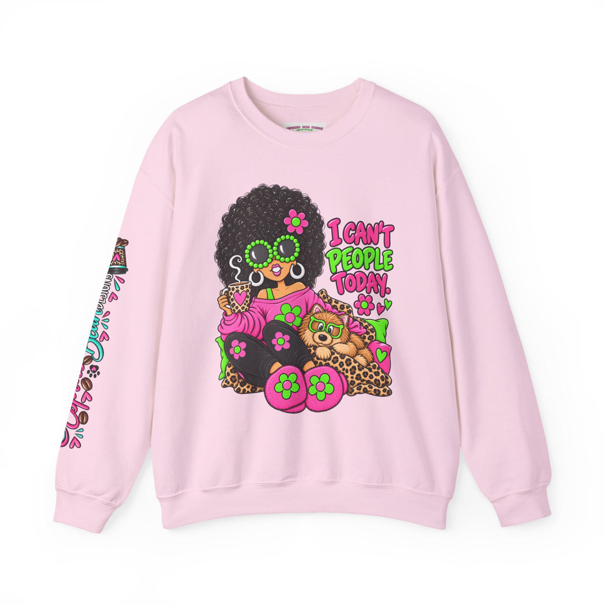 Crewneck Sweatshirt — Retro 'I Can't People Today' Girl & Leopard Graphic